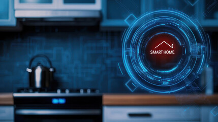 Obraz premium Smart home holograms, glowing automated controls, futuristic house layout, advanced tech display