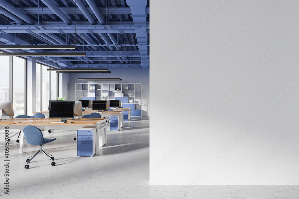 Poster empty wall mockup in modern office with workstations on the left. 3d rendering