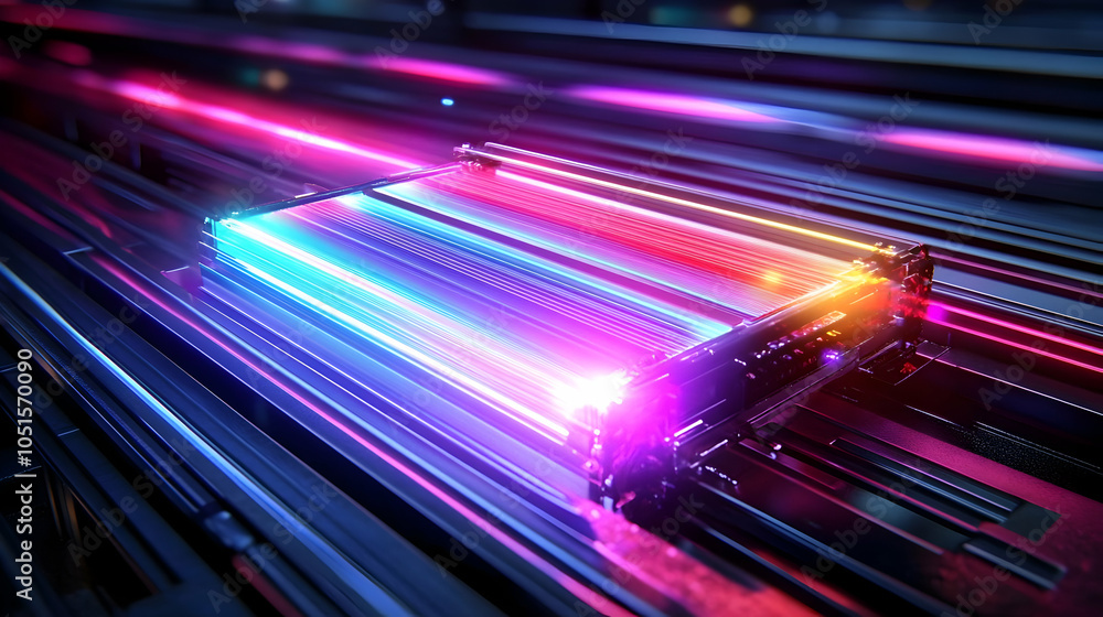 Poster glowing rectangular object emits colorful light beams background, futuristic technology concept