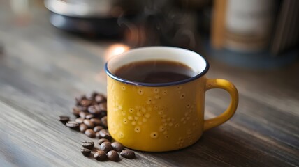 Yellow mug with hot dark beverage, coffee beans, wooden surface