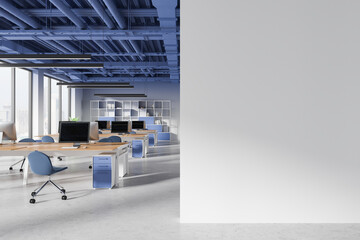 Empty wall mockup in modern office with workstations on the left. 3D Rendering