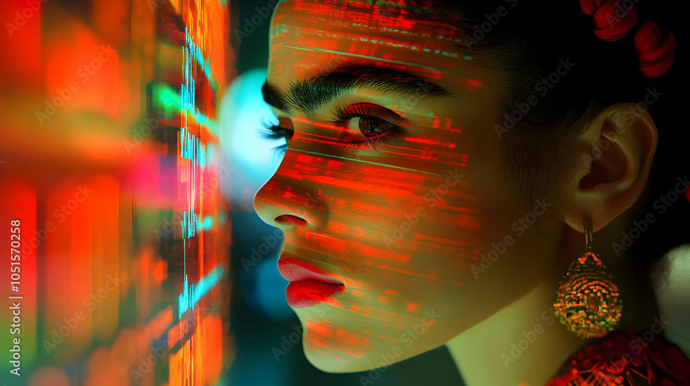 Poster woman with data projection on face in futuristic setting
