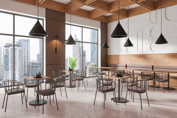 Modern cafe interior with wooden accents and city view. 3D Rendering
