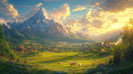 Fototapeta premium Cows Grazing in a Mountain Valley at Sunset