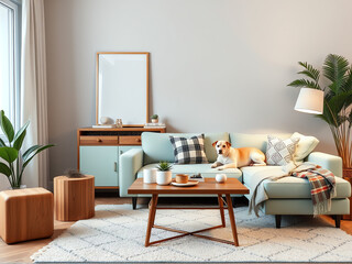 Obraz premium Cozy modern living room with a dog lounging on a stylish sofa and plants adorning the space in bright natural light