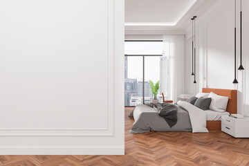 Blank wall mockup in modern bedroom with window city view. 3D Rendering