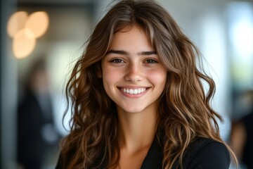 Fototapeta premium Happy young businesswoman smiling at the camera in a warehouse, Generative AI