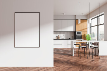 Classical cafe interior with bar island and cooking space, window. Mockup frame