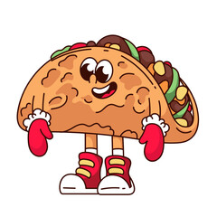 Groovy taco cartoon character in red winter mittens. Funny retro Mexican fast food mascot with happy smile, cartoon Christmas taco, tortilla and filling sticker of 70s 80s style vector illustration