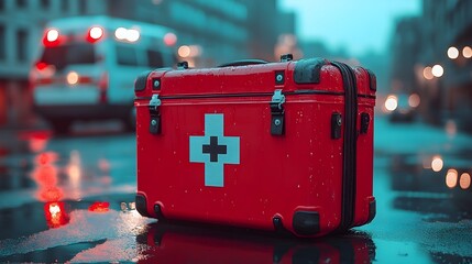 First aid kit with an ambulance in the background, dramatic scene
