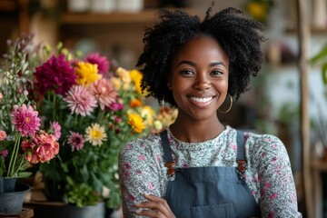 Fototapeta premium Black business woman growing flowers for her floral startup, Generative AI