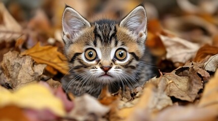 Fototapeta premium Adorable Kitten Hiding in Autumn Leaves