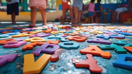 Kids learning the alphabet with large colorful letters scattered on a classroom floor, perfect for early literacy campaigns or preschool promotions.
