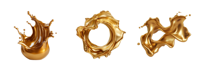 A collection of dynamic golden liquid splashes isolated on a transparent background, symbolizing luxury and celebration for events like New Year's Eve