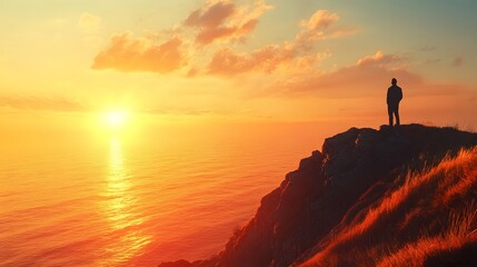 Fototapeta premium Man standing on top of cliff at sunset. 