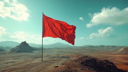 A red flag waves in the wind on top of a mountain, perfect for depicting adventure, warning, or attention-seeking scenes