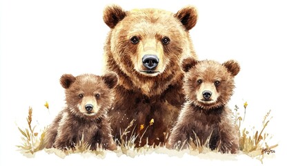 Fototapeta premium A close-up view of a mother bear and her two young cubs in a natural setting