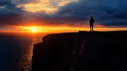 Fototapeta premium Man standing on top of cliff at sunset. 