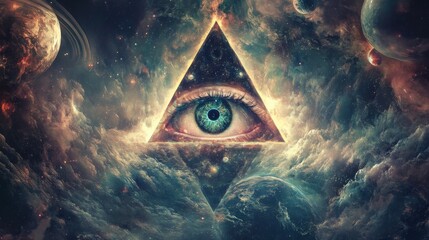 The Illuminati eye within a triangle, surrounded by cosmic waves and planets, symbolizing universal knowledge and power.