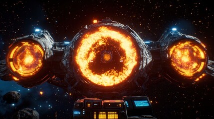 A futuristic spacecraft with glowing engines in a cosmic setting.