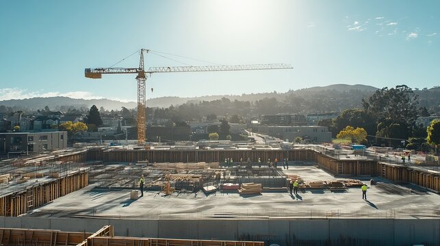 Construction Site with Workers Collaborating on Project