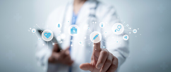 Health care and medical technology services concept. Medical worker using data virtual with health care icons,medical technology background,health insurance business.Health Insurance, telemedicine