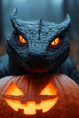 A menacing dragon sculpture perched on a glowing Halloween pumpkin.