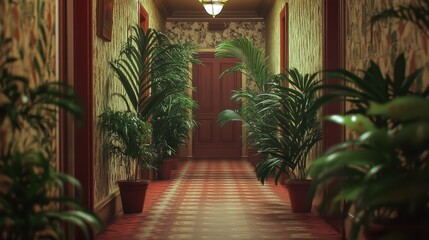 Fototapeta premium Long corridor with vintage wallpaper and potted plants along the sides.