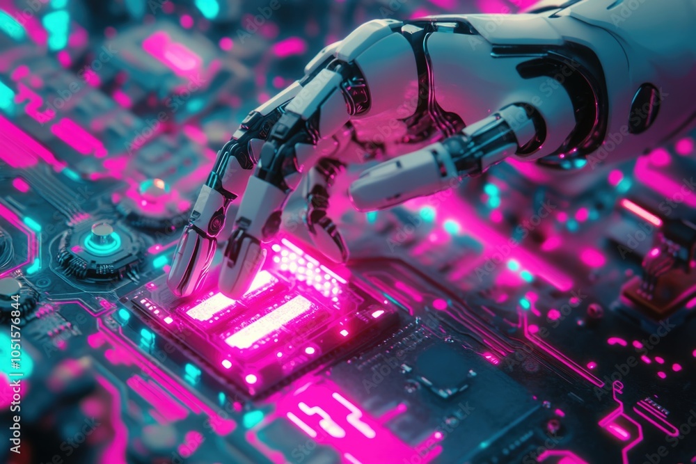 Aufkleber a robot's hand in close proximity to a circuit board, highlighting the intersection of technology an