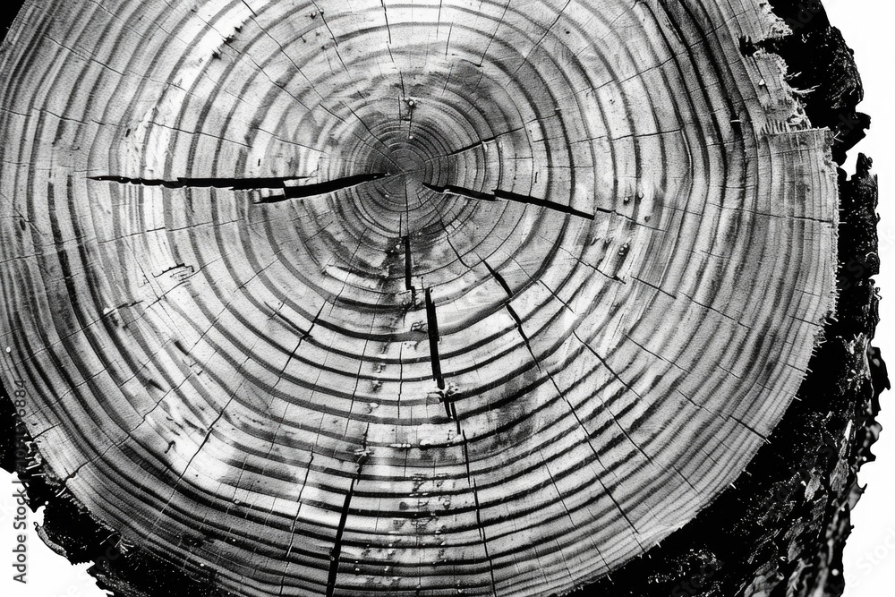 Poster a close-up image of a tree trunk in black and white, suitable for use in editorial or advertising co