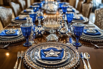 Fototapeta premium Decorated Hanukkah Table: A beautifully set table ready for a Hanukkah dinner, featuring blue and silver decorations, a menorah at the center, and place settings with traditional Jewish symbols like t