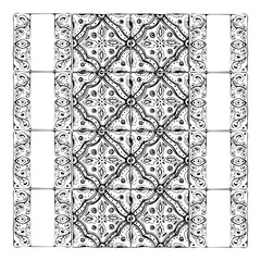Mexican Arabic Mediterranean Moroccan mosaic motif, azulejo wall floor glazed ornament. Isolated symmetrical set of tiles. Hand drawn ink vector illustration. Design brochure, home decor architecture