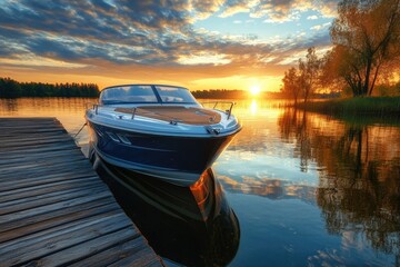 Obraz premium A boat moored at the dock as the sun sets in the background