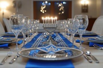 Decorated Hanukkah Table: A beautifully set table ready for a Hanukkah dinner, featuring blue and silver decorations, a menorah at the center, and place settings with traditional Jewish symbols like t