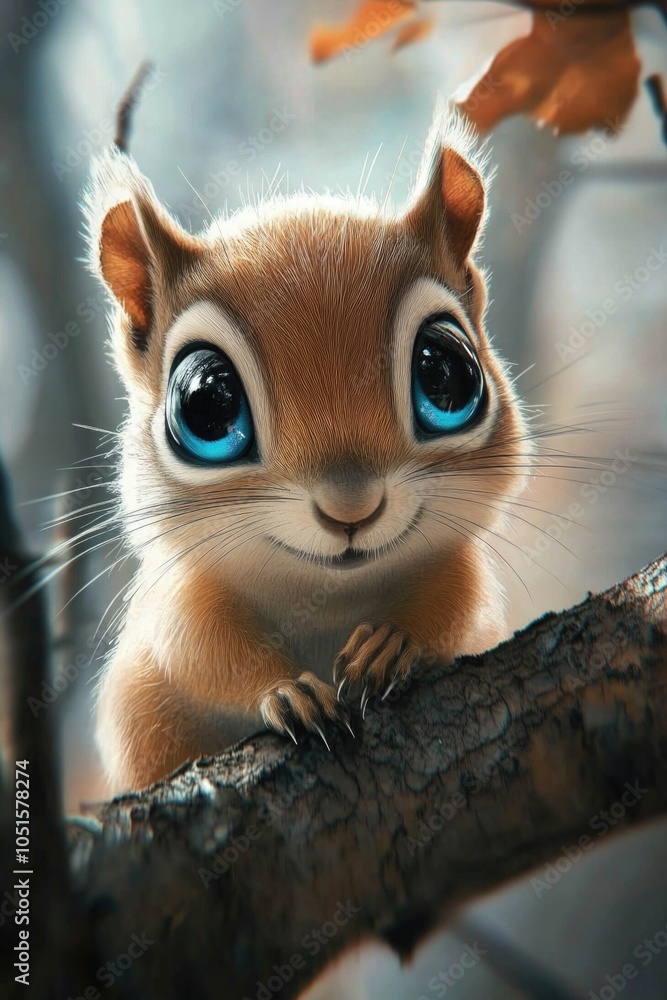 Poster close-up view of a squirrel sitting on a tree branch, looking around
