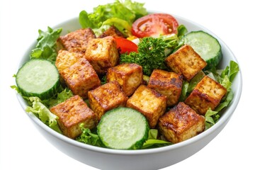 Fototapeta premium Fresh salad with tofu, cucumber, tomatoes, and lettuce for a quick and easy meal