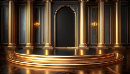 Golden Columns and a Circular Platform in a Dark Interior