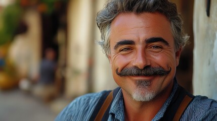 Fototapeta premium Middle-aged Italian man with a thick mustache and a warm smile.
