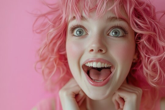 A woman with bright pink hair makes a humorous expression, great for humor and entertainment-related content