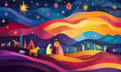 Christmas nativity scene colourful illustration design. silhouette nativity scene with baby jesus mary and joseph.
