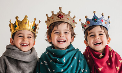 Three children dressed as the Three Wise Men, happy and smiling, looking at the camera on a white background. Copy space. Banner.