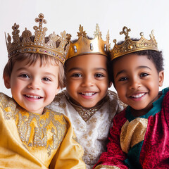 Three children dressed as the Three Wise Men, happy and smiling, looking at the camera on a white background. Copy space. Banner.