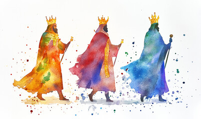 Watercolour Silhouettes of Tres Reyes Magos ( Three Wise Men) on colorful background with bokeh. White background. Epiphany or Dia de Reyes Magos celebration concept.