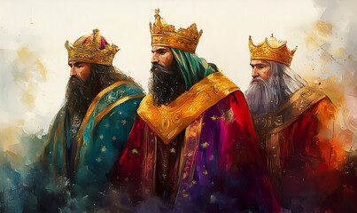 Epiphany. The Visit of the Three Wise Men on white background. Watercolor painting.