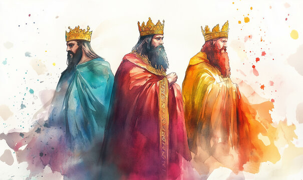 Epiphany. The Visit of the Three Wise Men on white background. Watercolor painting.