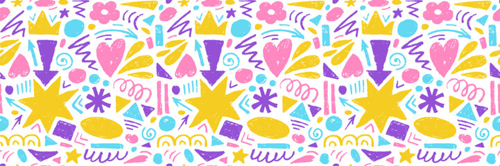 Hand drawn of colorful charcoal abstract shapes. Vector seamless pattern of contemporary texture figure in doodle style. Design elements perfect for banner, print, decor