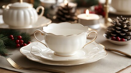 Fototapeta premium Elegant christmas table setting with white porcelain and decorations