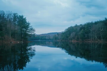 Obraz premium A serene lake scene with trees surrounding the water's edge, captured on a cloudy day