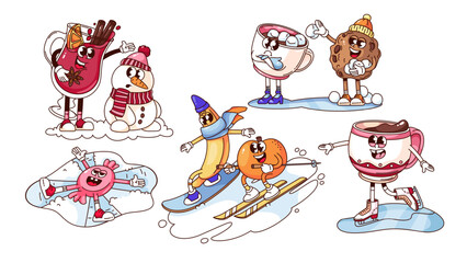 Fototapeta premium Winter activity of groovy cartoon characters set. Funny retro cookie and cup of hot drink, candy playing in snow, winter holidays mascots. Cartoon emoji collection of 70s 80s style vector illustration