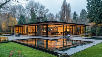 Fototapeta premium Modernist glass home with unobstructed views.